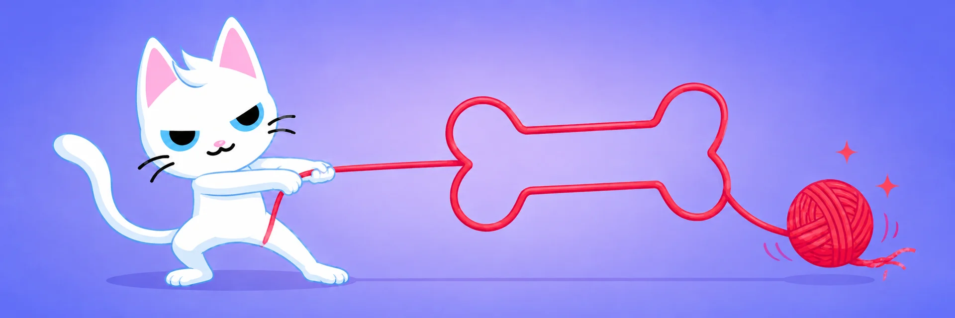 MEW pulling the dog bone apart into a ball of yarn